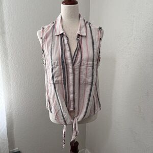 Cloth & Stone Womens Sleeveless Linen Top Size Large Button Down Striped Fringe